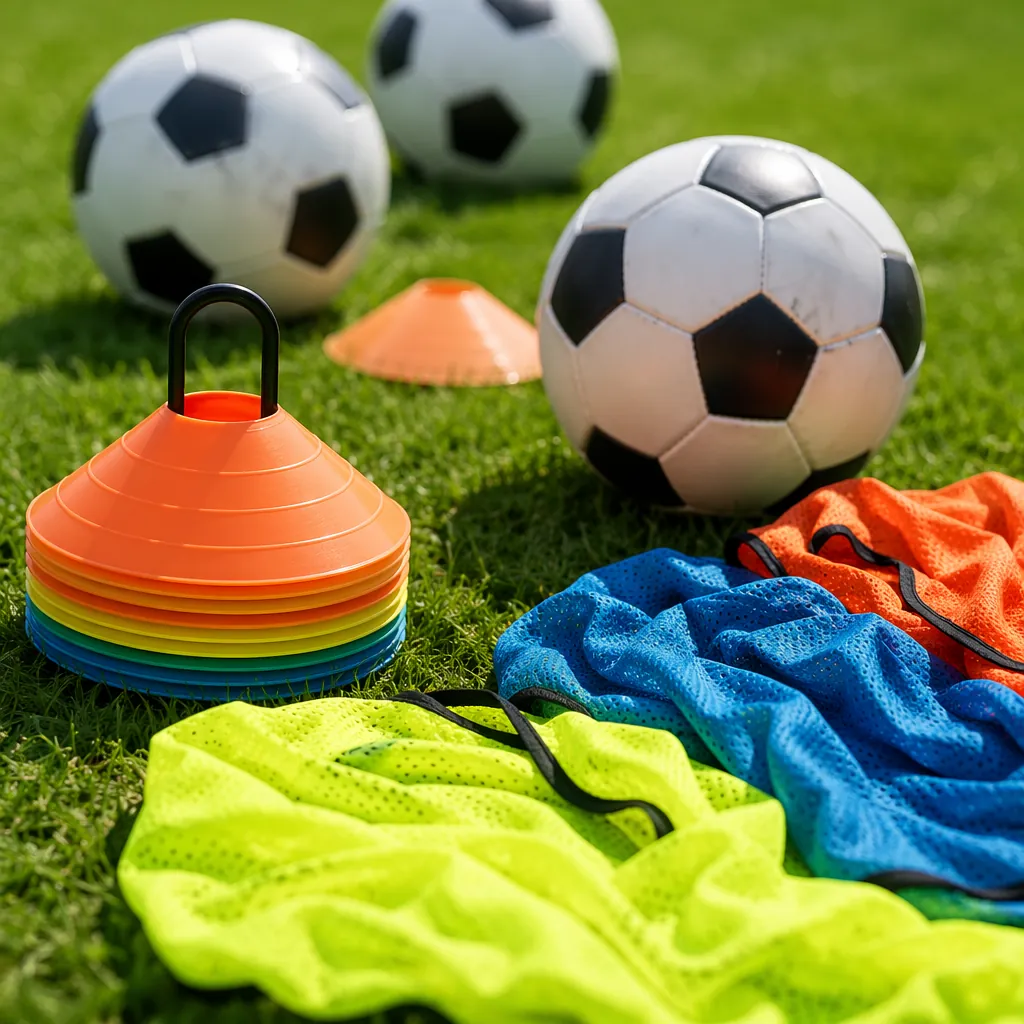 Close up shot of football training equipment on green grass, including cones, fo