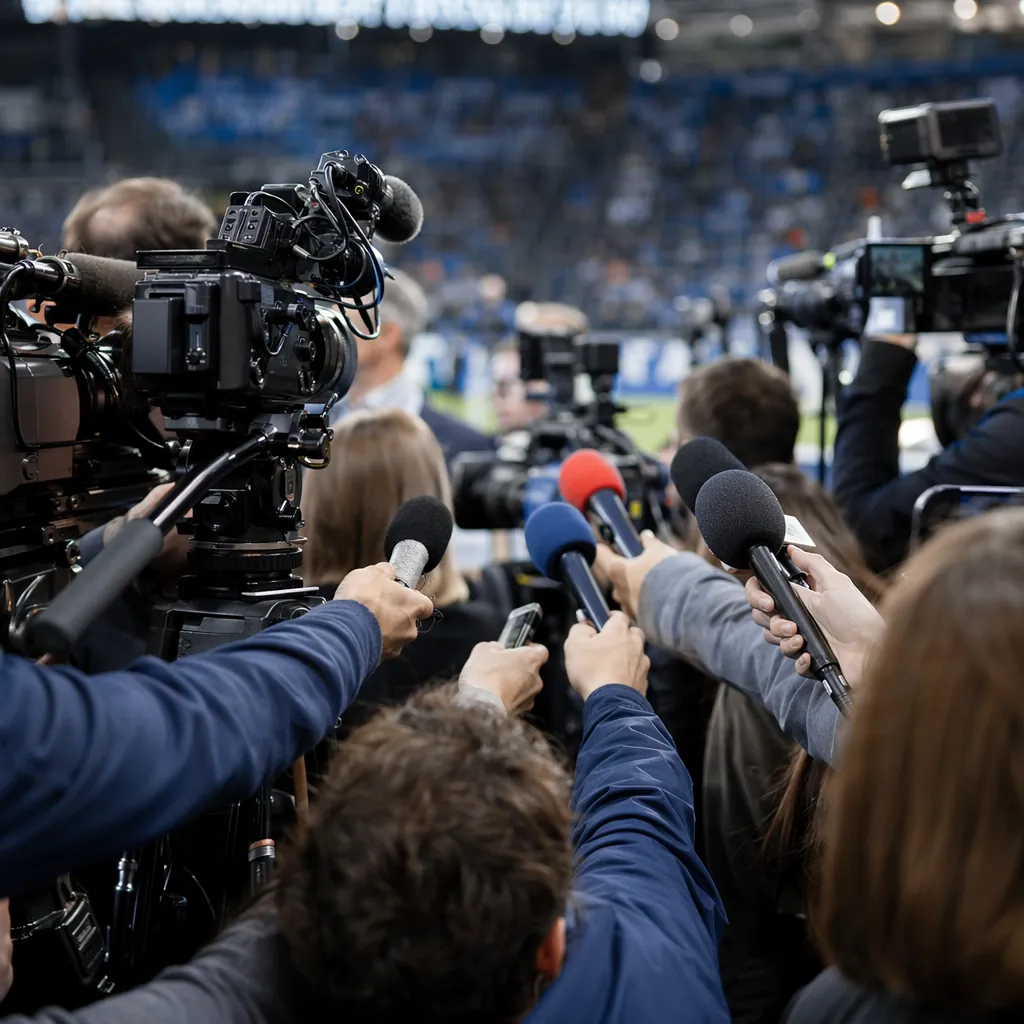 Wide shot of a crowded sports press area, journalists holding microphones and ca