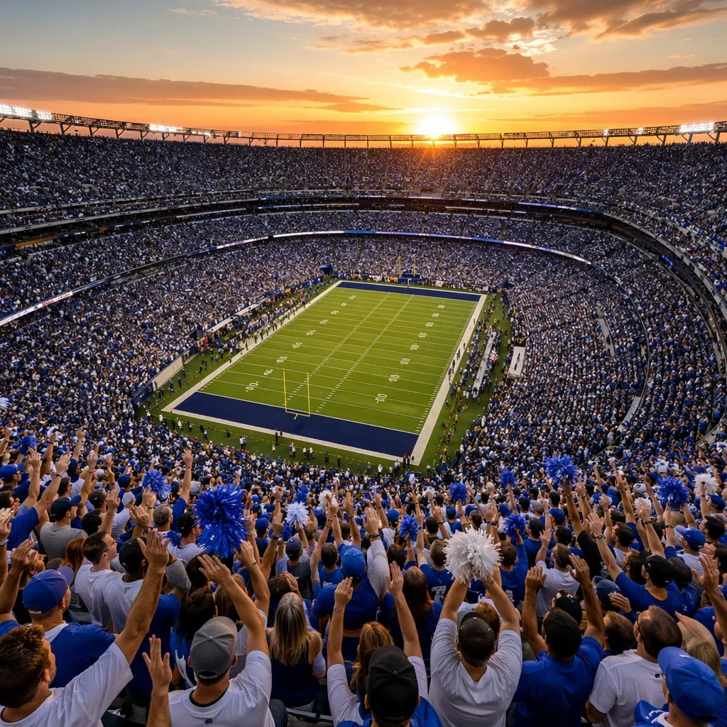 High angle shot of a packed generic football stadium during sunset, fans wearing