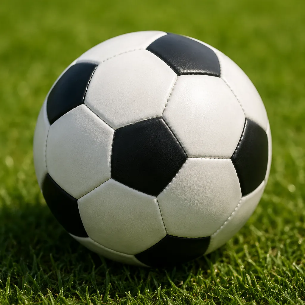 Close up of a generic official football placed on green grass pitch, soft natura