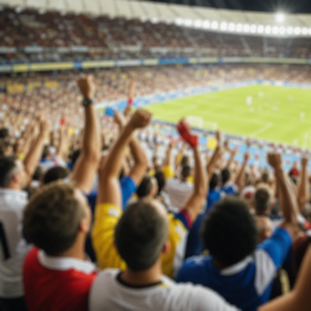 Blurred wide shot of football fans cheering in stadium stands, wearing mixed col