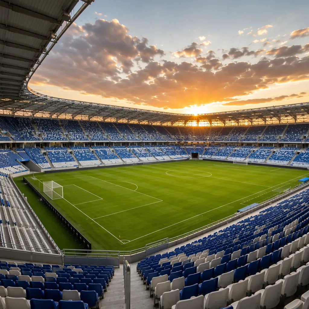 Wide shot of a modern football stadium during sunset, empty green pitch, rows of