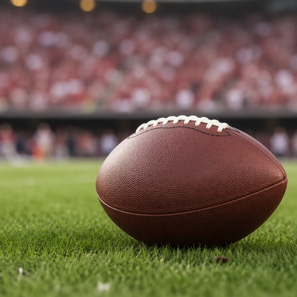 Close up shot of a football on green grass, blurred crowd in the background, sof