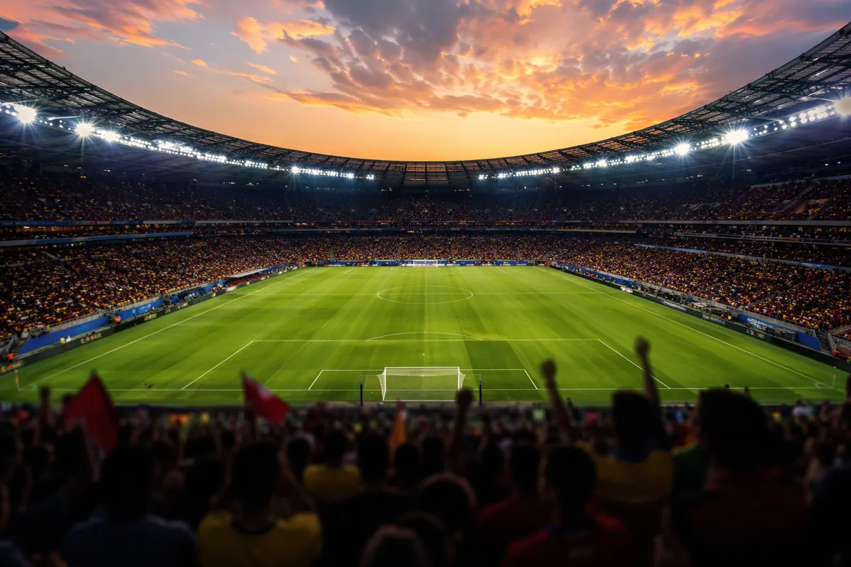Wide shot of a professional football stadium during golden hour, with empty green pitch, b