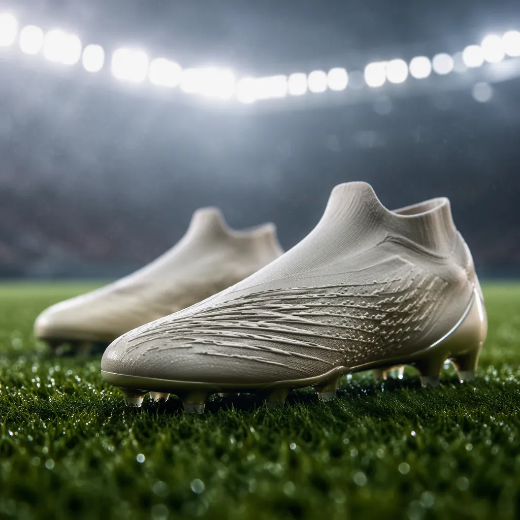 Close up of unbranded football boots on a green pitch, stadium lights in backgro