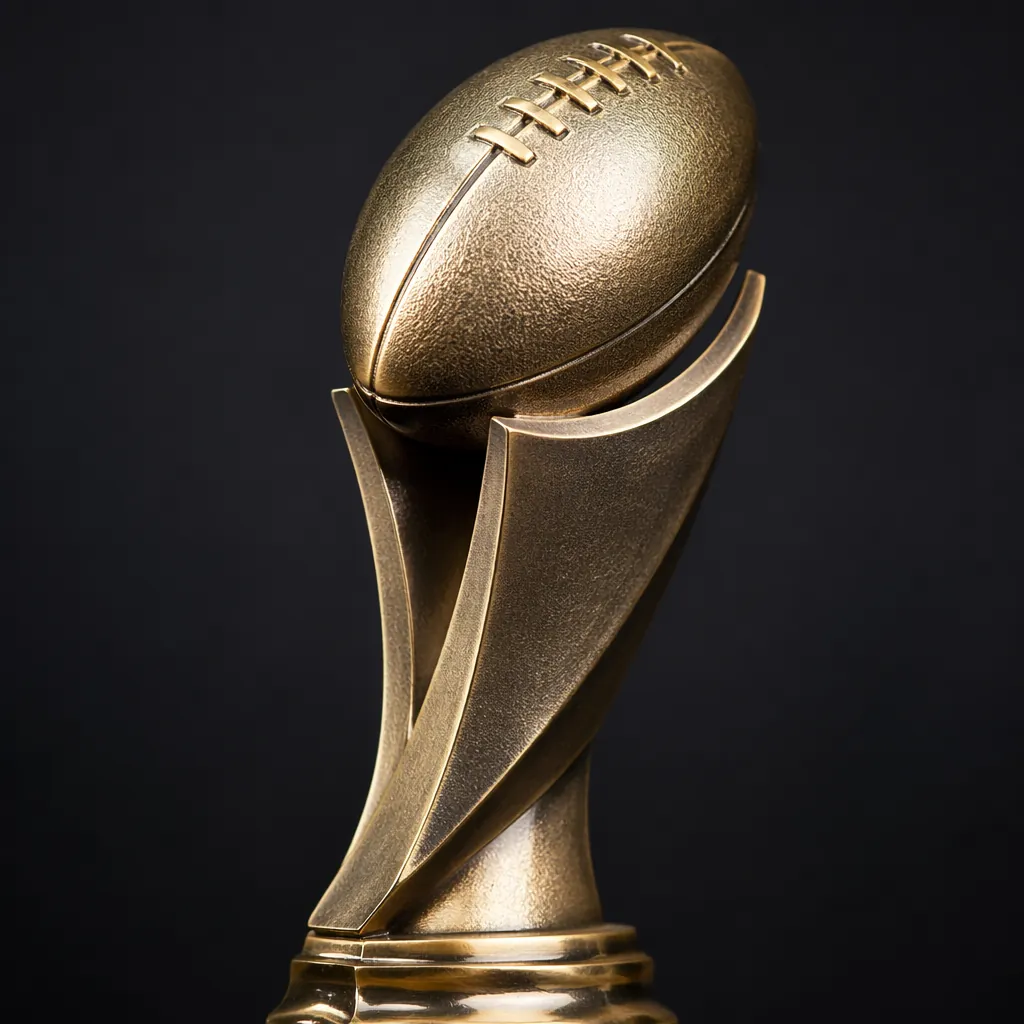 Close up of a generic custom football trophy on dark background, soft studio lig