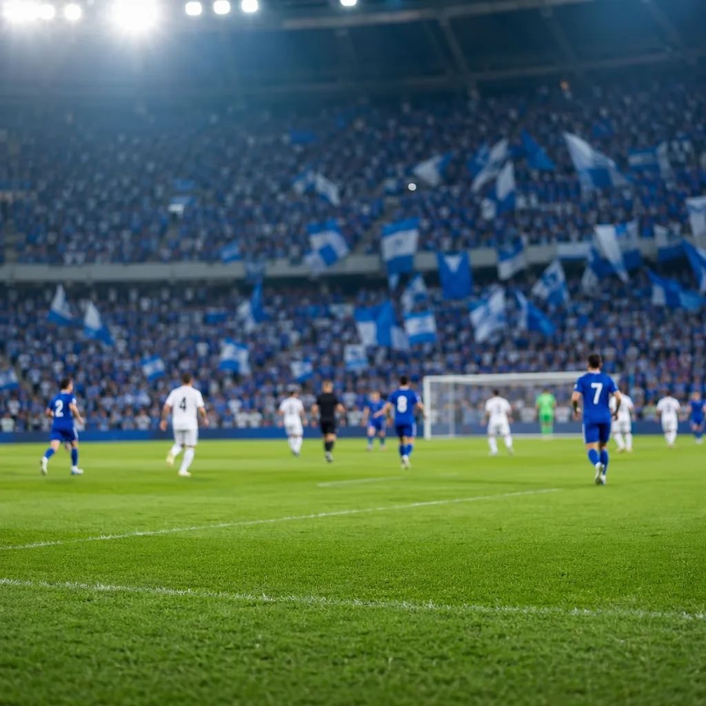 Wide shot of a well-maintained professional football pitch during a match, bokeh