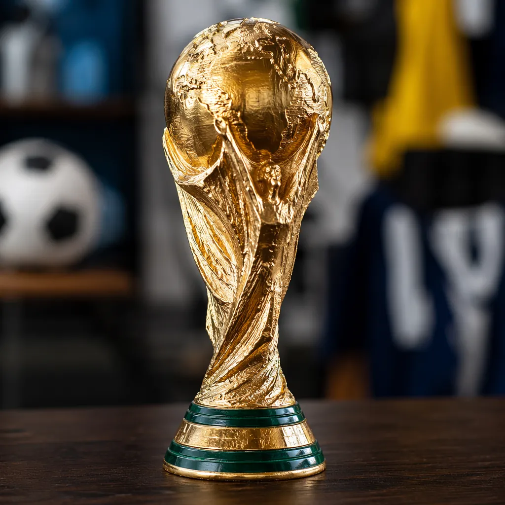 Close up of a golden football trophy replica on a dark wooden table, soft natura