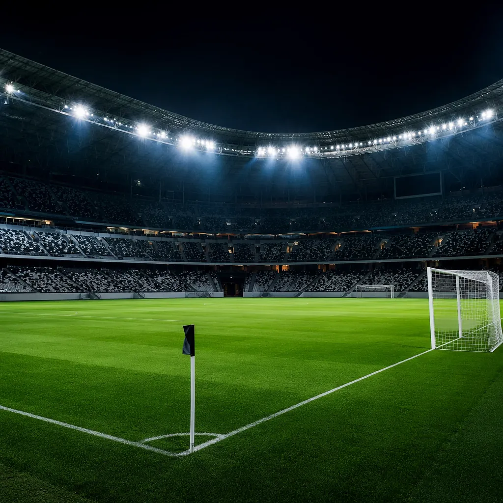 Wide shot of a modern football stadium at night, bright floodlights illuminating