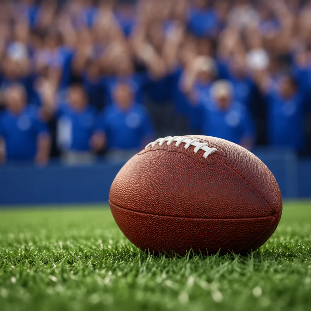 Close-up of a standard football resting on grass, blurred background of fans wea