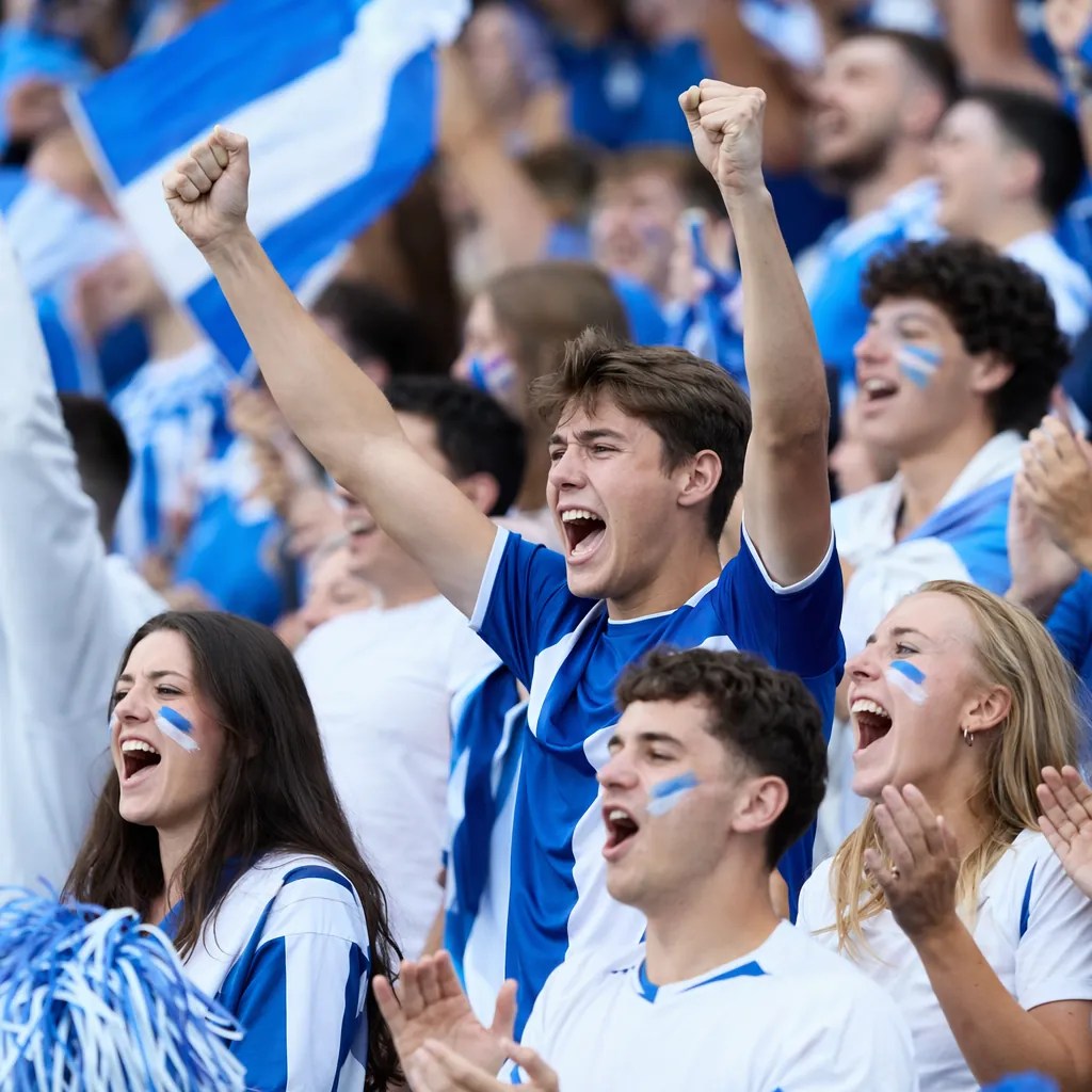 Group of football fans wearing blue and white jerseys cheering in stadium stands