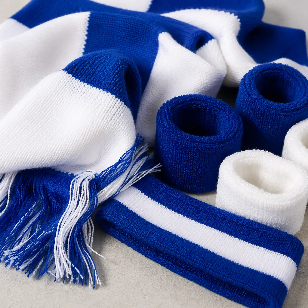 Close up of blue and white football fan accessories: scarves, headbands, wristba