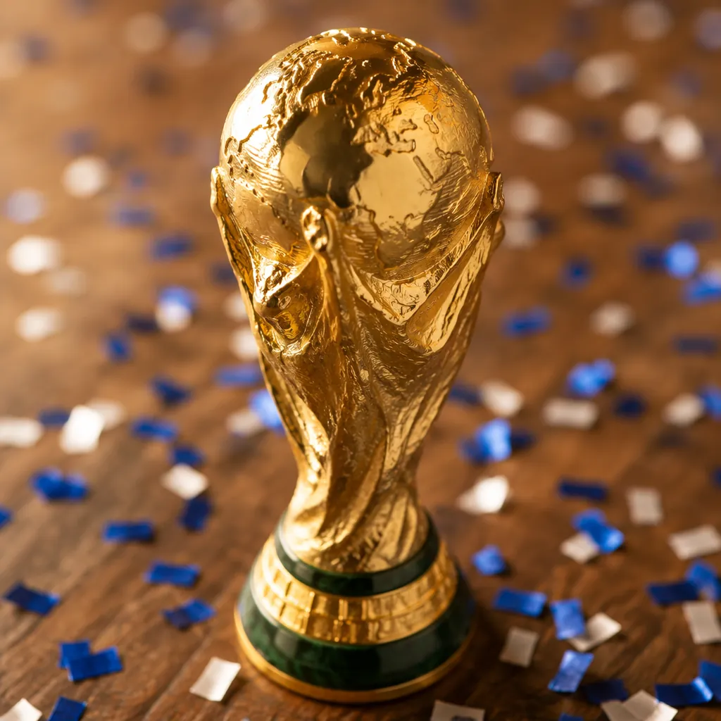 Close up shot of a golden World Cup trophy replica placed on a wooden table, blu