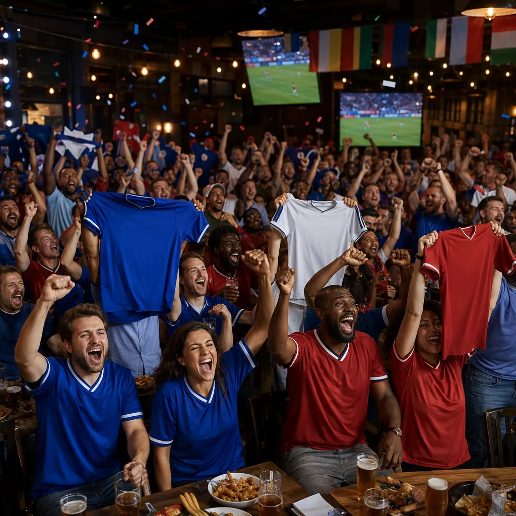 Wide shot of a packed football fan viewing party, fans holding generic football 