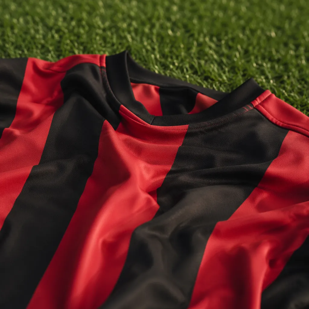 Close up of a generic red and black football jersey laid on green grass pitch, s