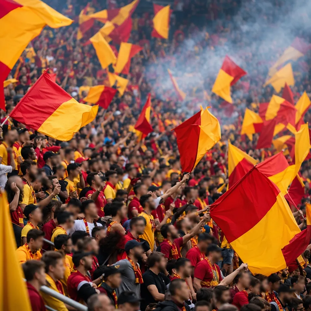 Wide shot of football fans waving red and yellow flags in stadium stands, blurre