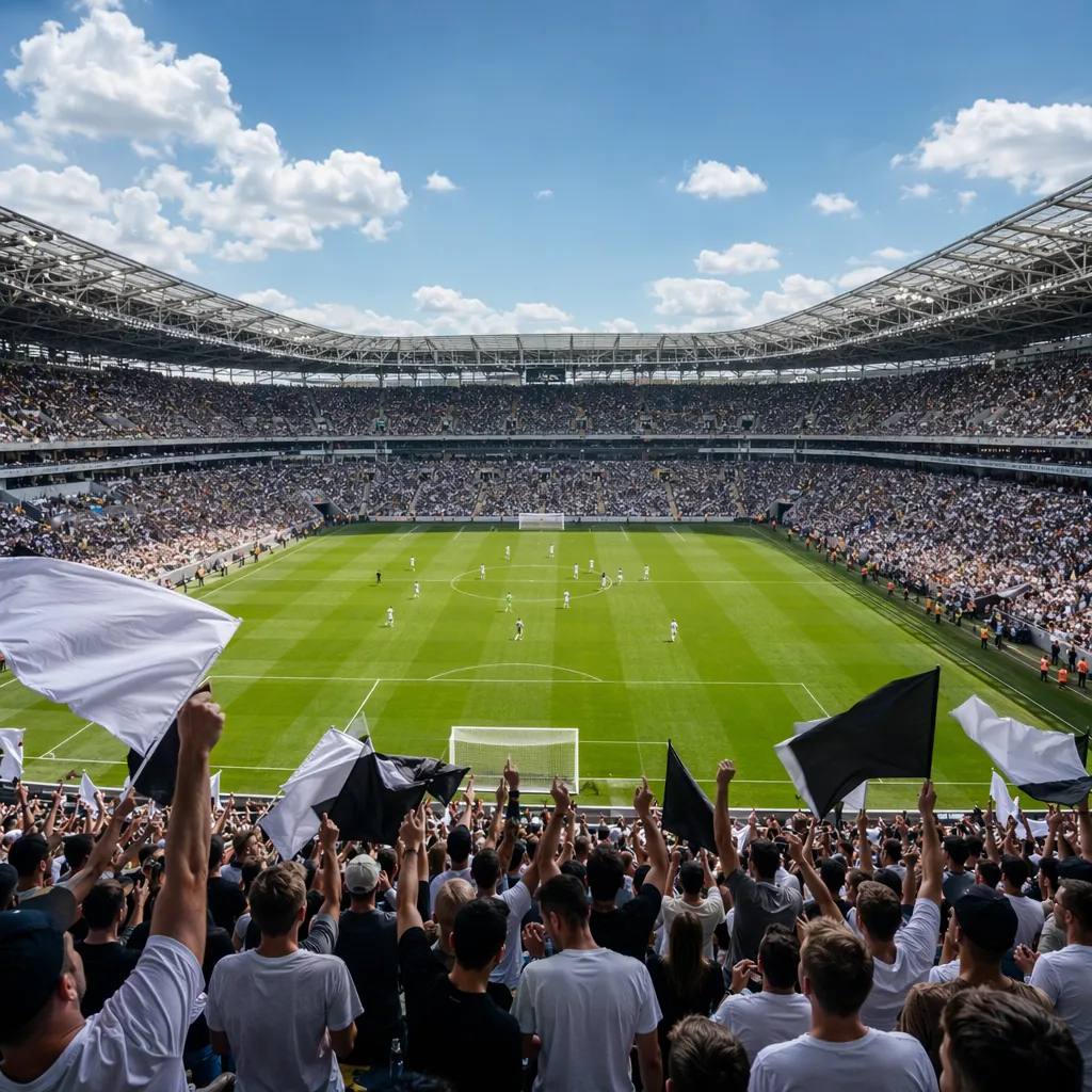 Wide shot of a modern football stadium with cheering fans, neutral team colors v