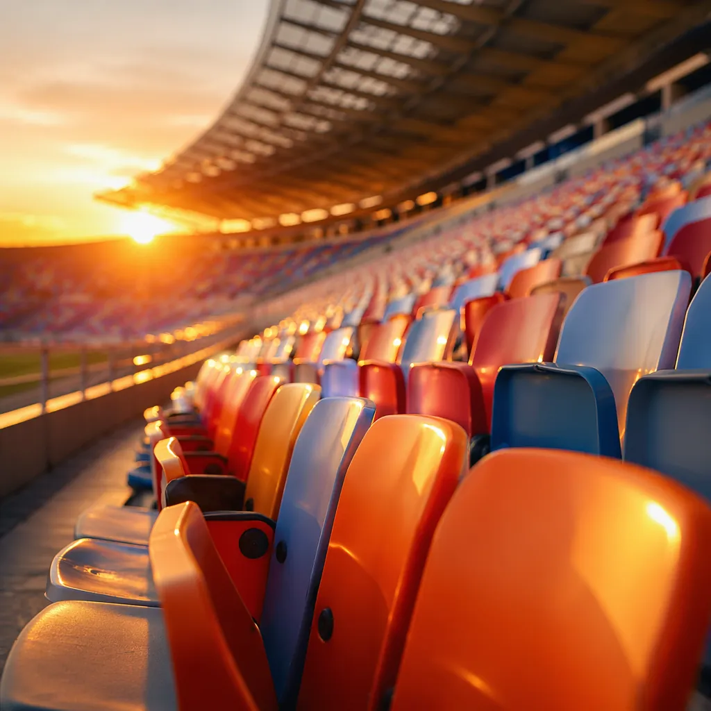 Close-up of colorful empty football stadium seats under warm sunset light, soft 