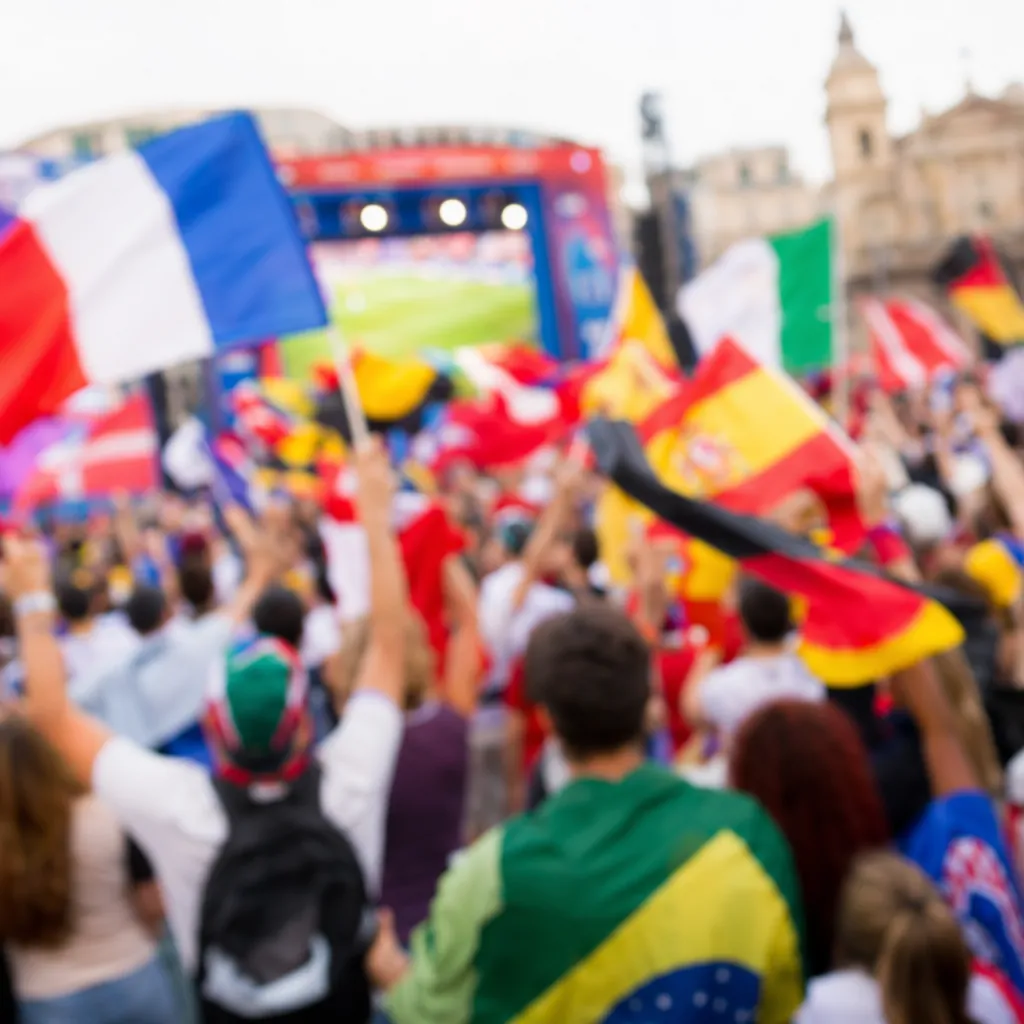 Blurred wide shot of football fans cheering in an outdoor fan zone, holding vari