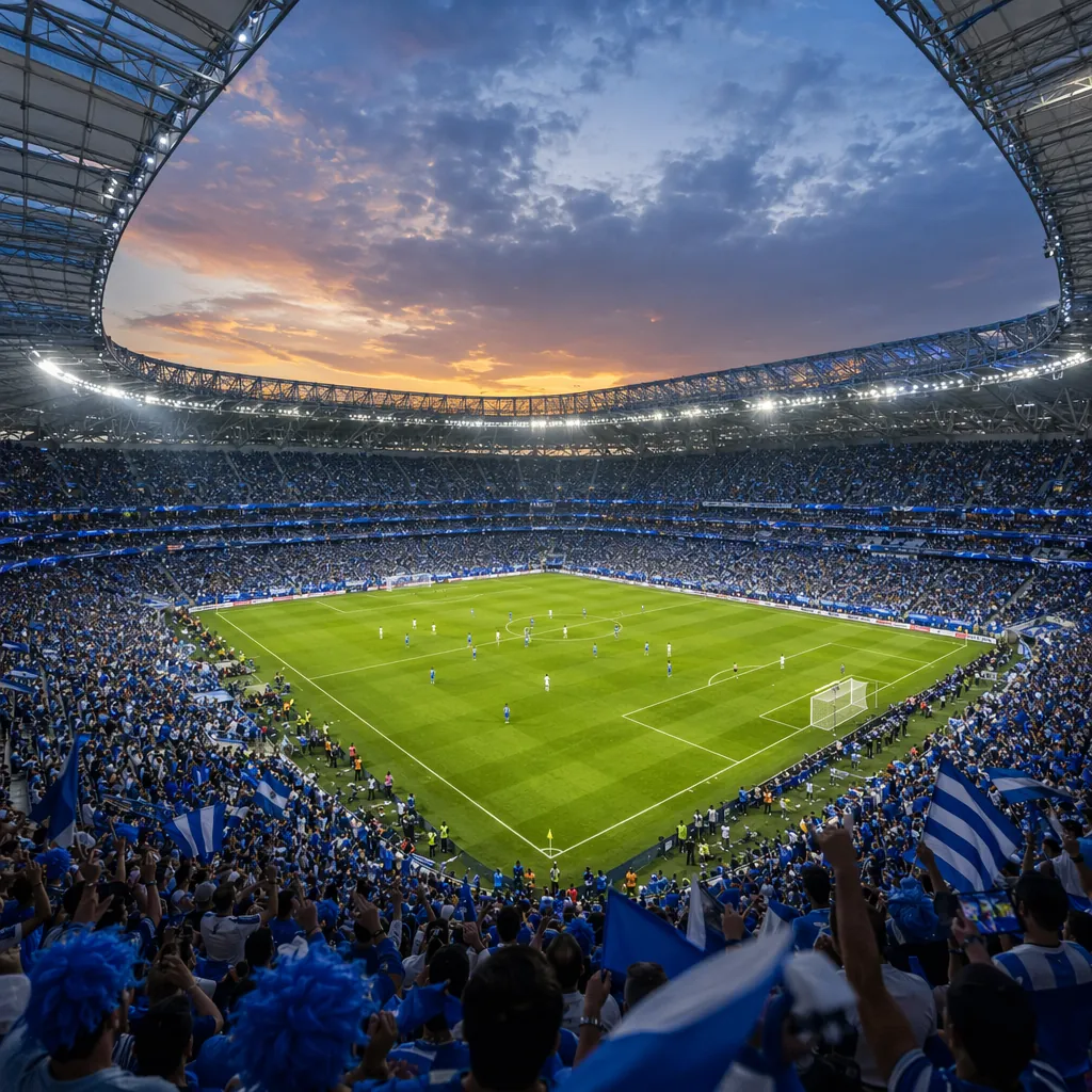 Wide shot of a modern FIFA World Cup stadium at dusk, packed with cheering fans,