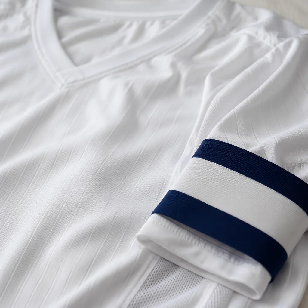 Close up of a white football jersey with a captain's armband laid flat, soft nat