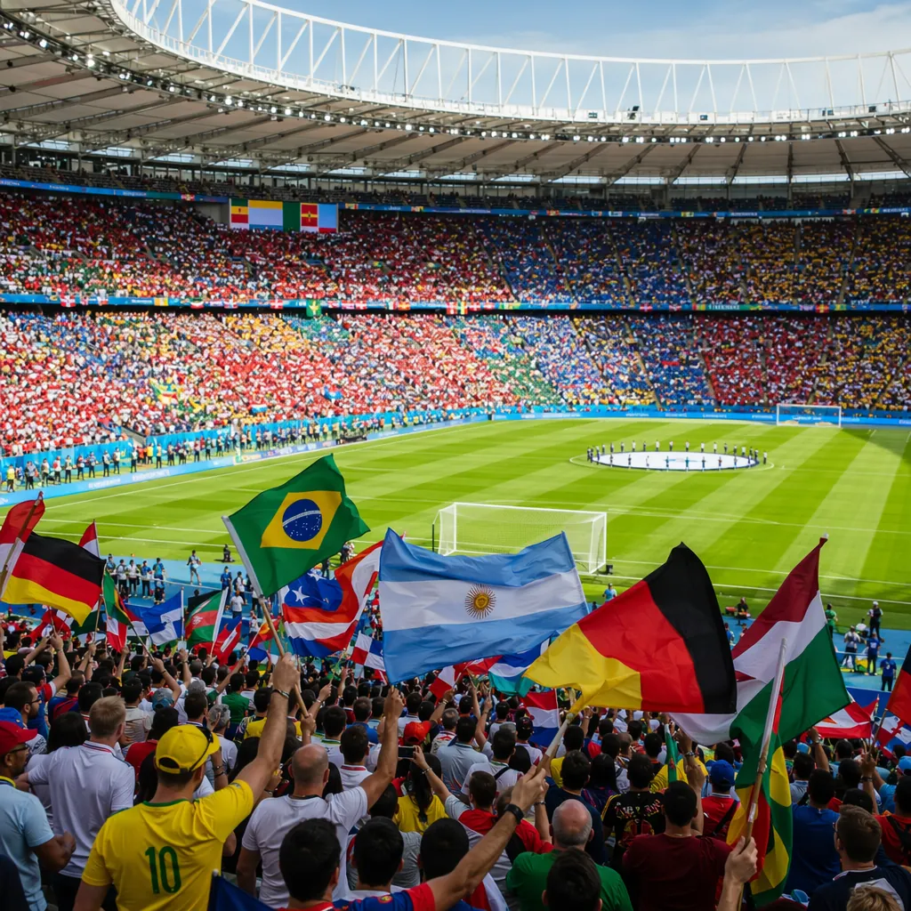 Wide shot of a world cup group stage stadium seating area, colorful fan flags wa