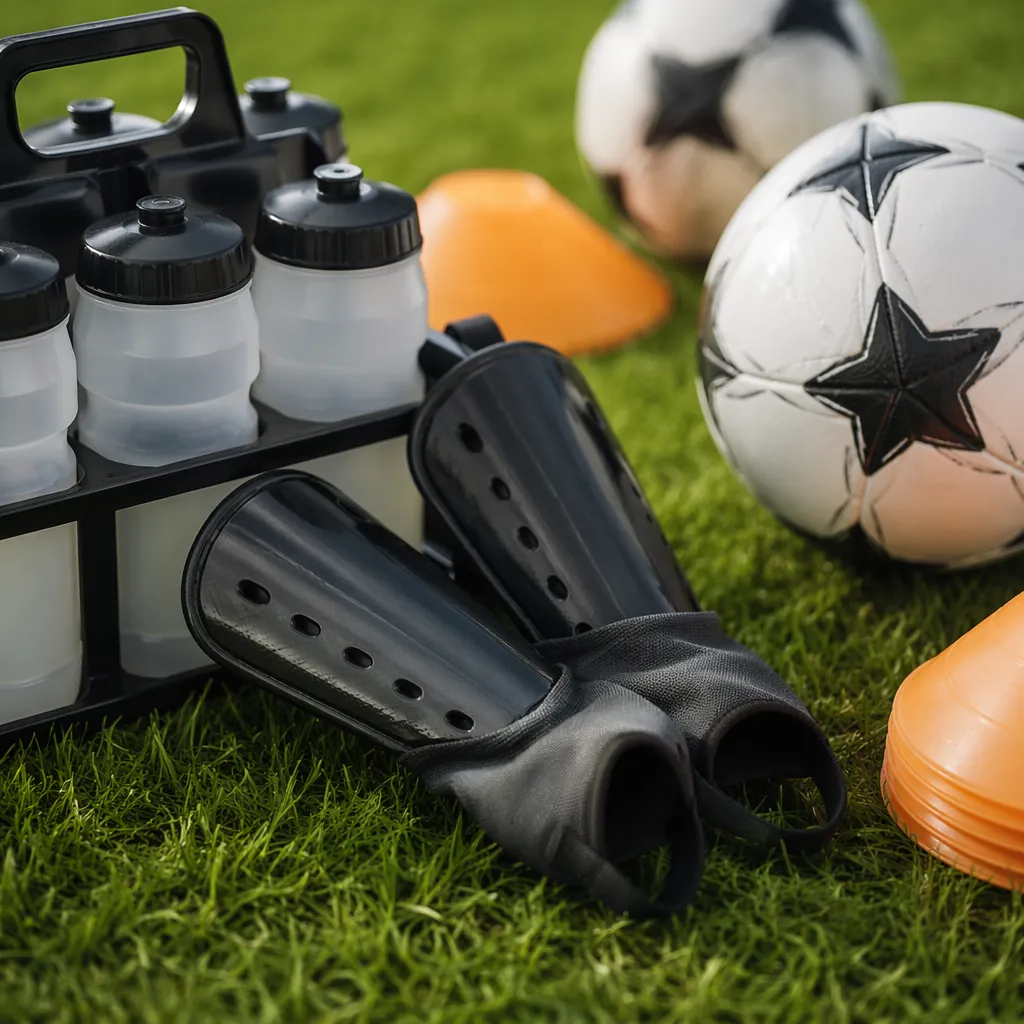 Close up of generic football training equipment including water bottles, shin gu
