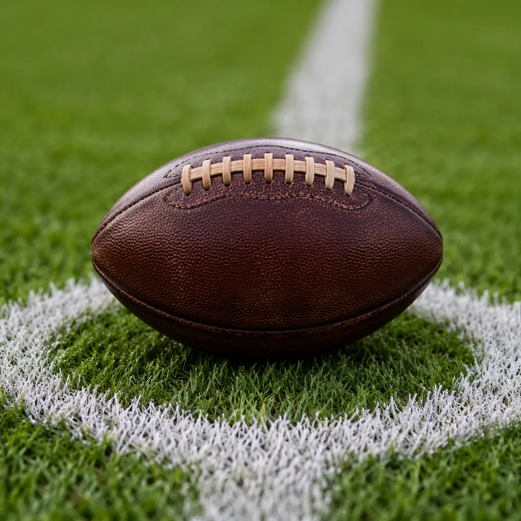 Close up shot of a leather football resting on the center mark of a green footba