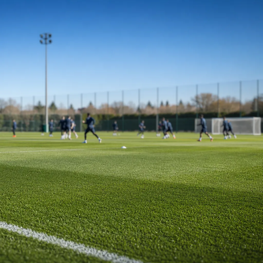 Wide shot of a generic professional football training ground, blurred silhouette