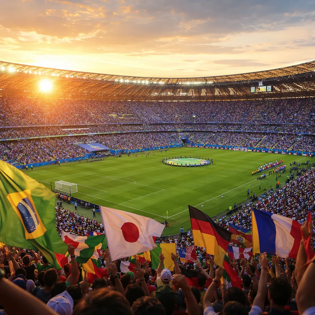 Wide shot of a packed World Cup stadium during golden hour, fans waving colorful