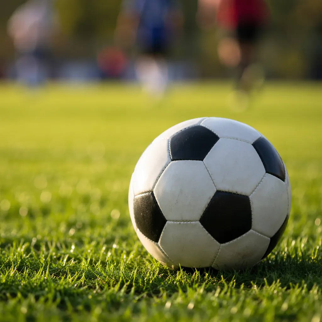 Abstract shot of a soccer ball resting on green grass pitch, blurred background 