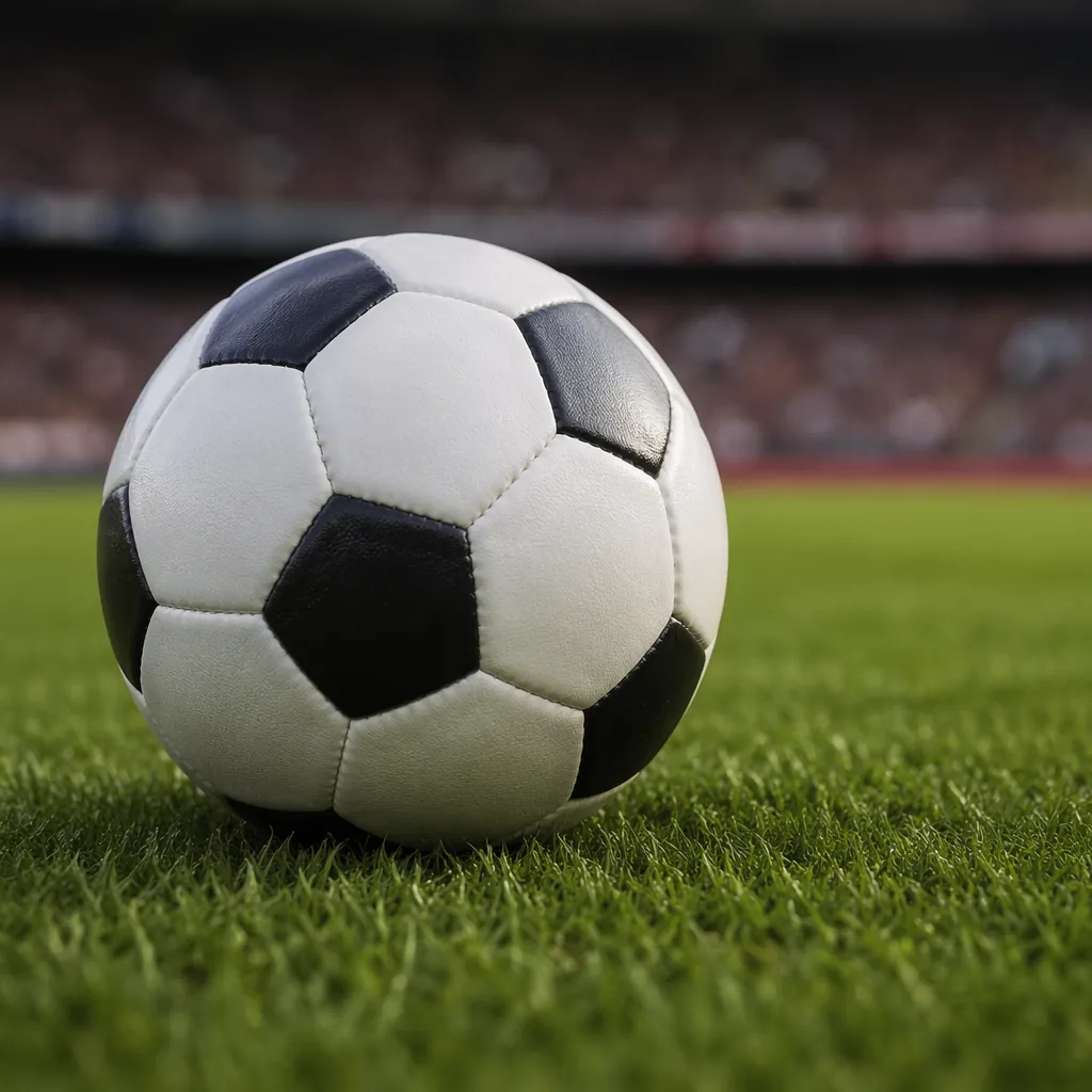 Close up of a generic soccer ball resting on the green grass of a professional p