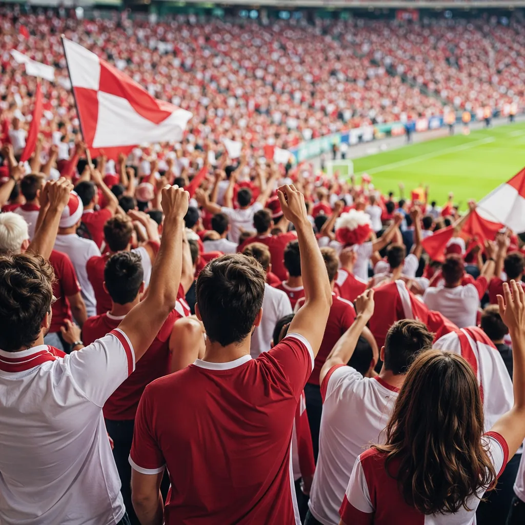 Wide shot of soccer fans wearing generic red and white jerseys cheering in stadi