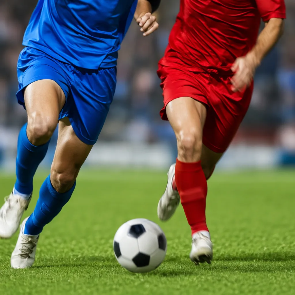 Close up action shot of generic football match on green pitch, players in unbran