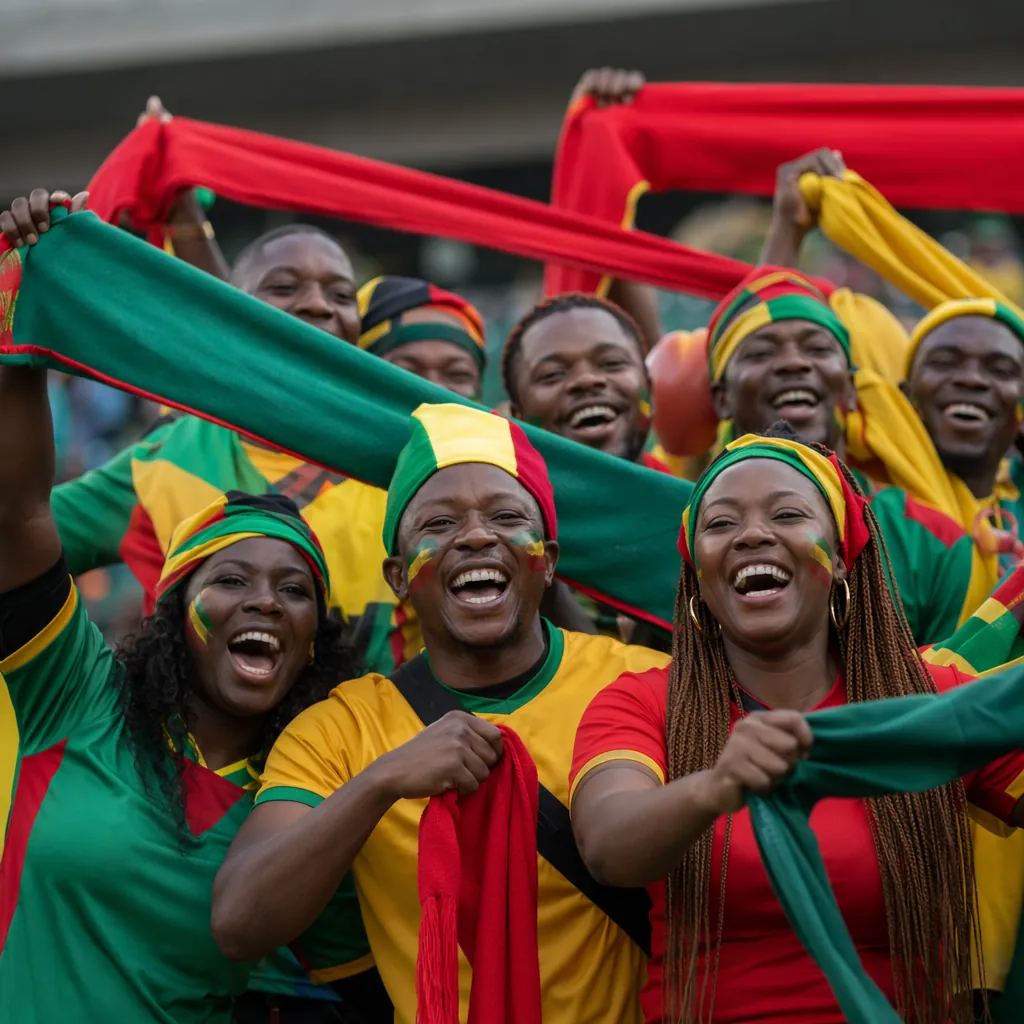 Group of diverse African football supporters cheering together, wearing team col