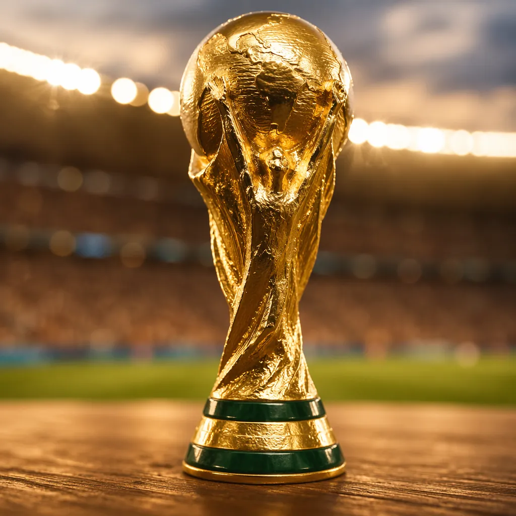 Close up of a golden world cup trophy replica placed on a wooden table, with a b