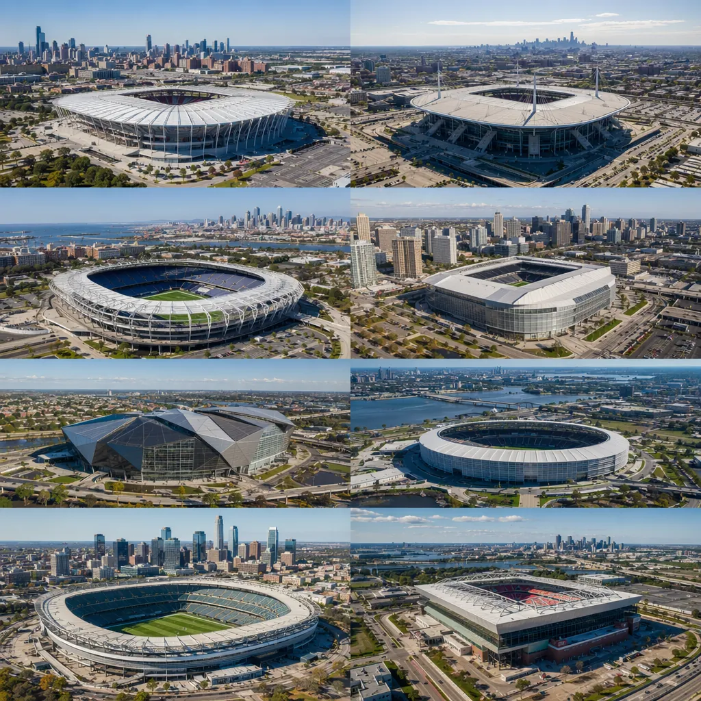 Aerial shot of multiple modern football stadiums across North America, sunny cle