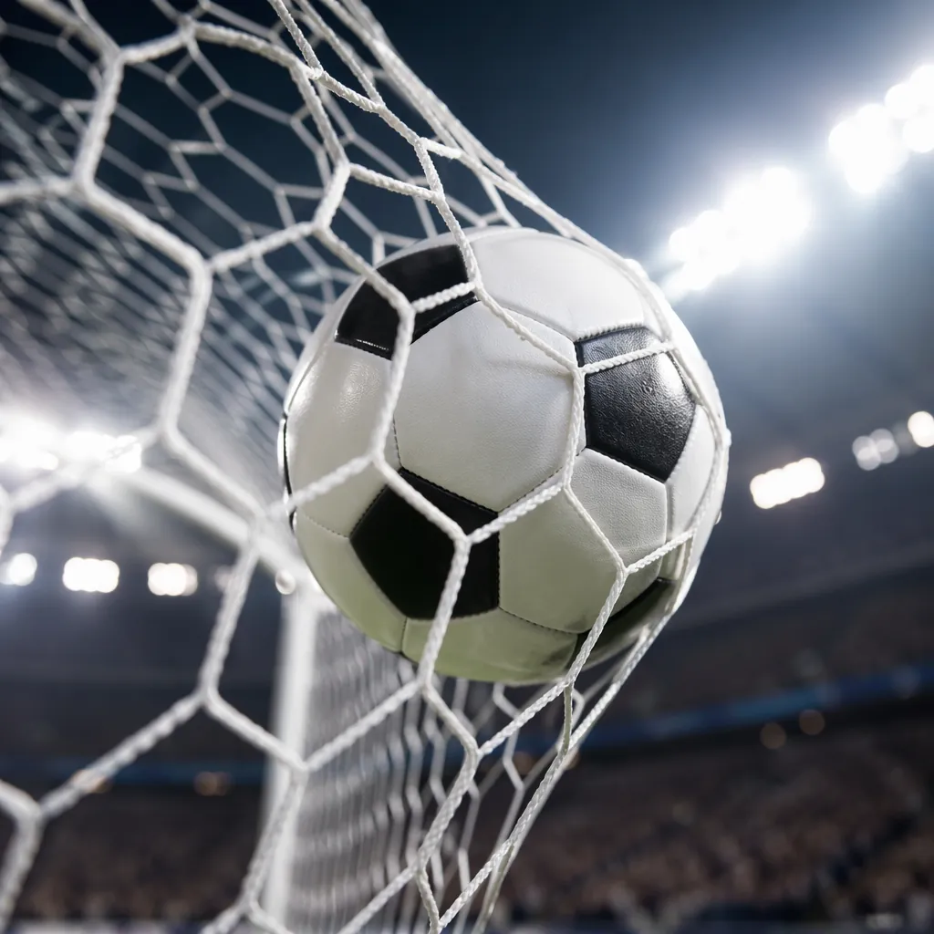 Close-up shot of a soccer ball hitting the back of a white net in a professional