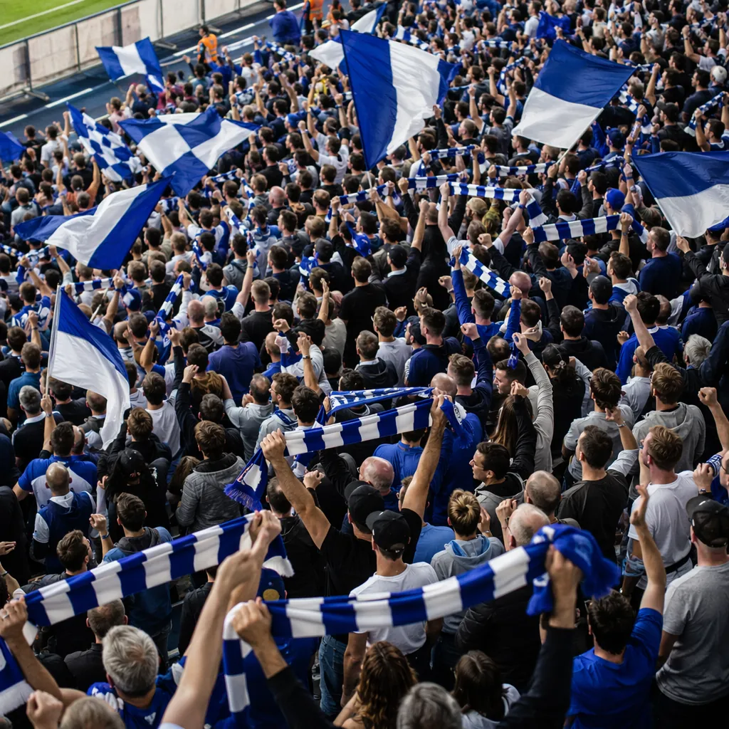 High-angle shot of football fans celebrating in a stadium stand, waving generic 
