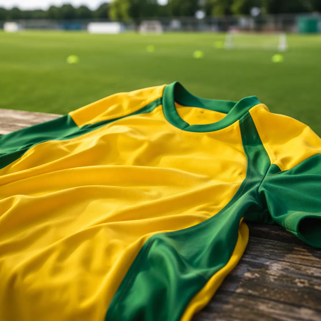 Close up of a generic soccer jersey in yellow and green colors laid on a wooden 