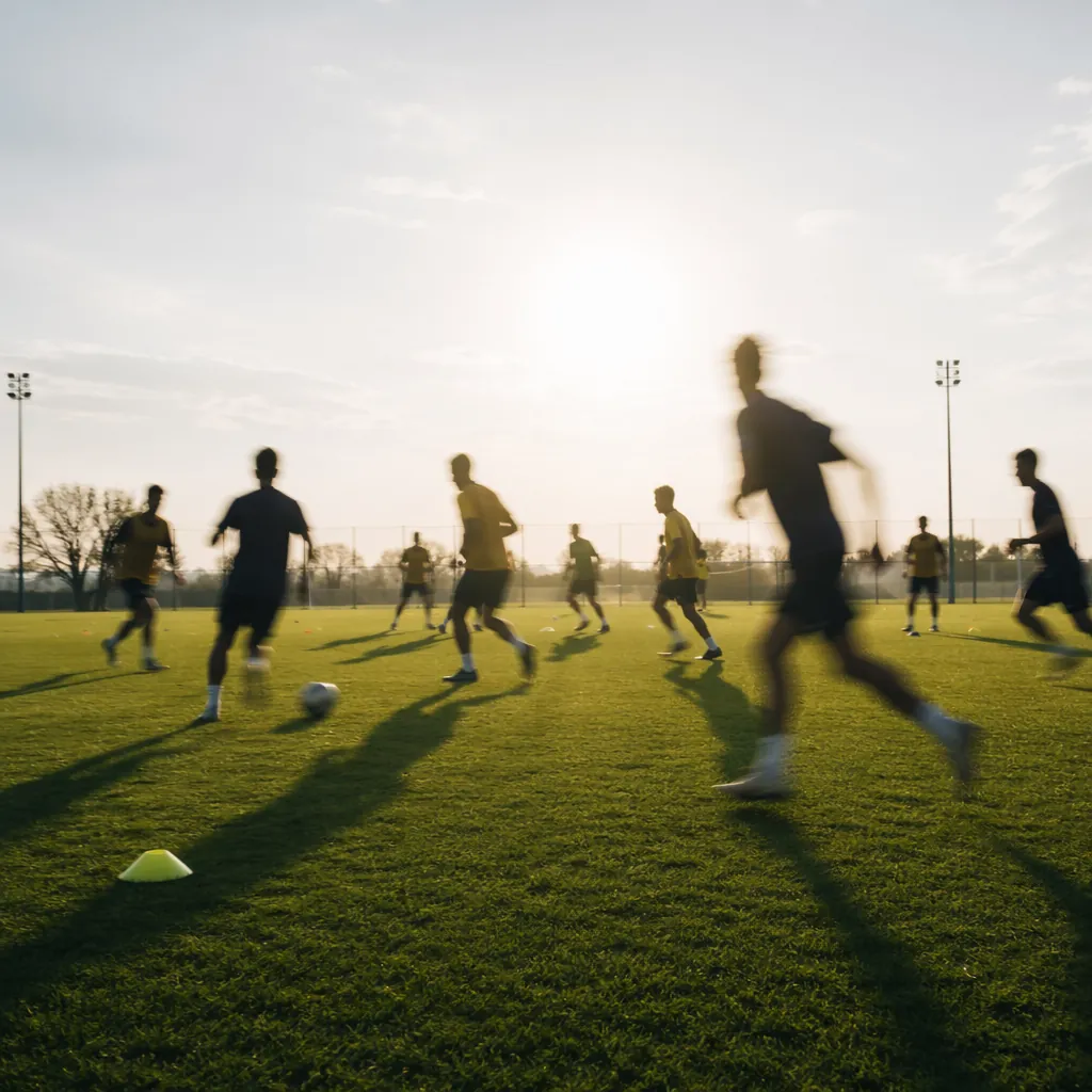Wide shot of a soccer training session, blurred silhouettes of players running o