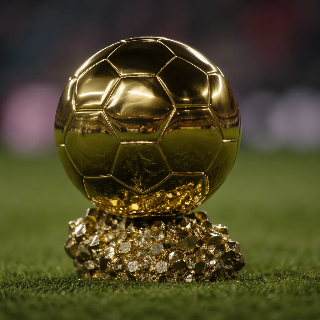 Close up of a golden football trophy placed on a green grass pitch, soft lightin