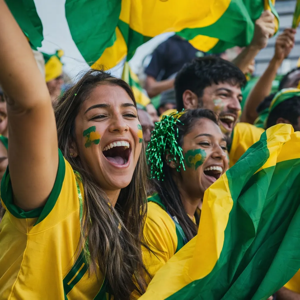 Close up of football fans wearing yellow and green jerseys waving homemade flags