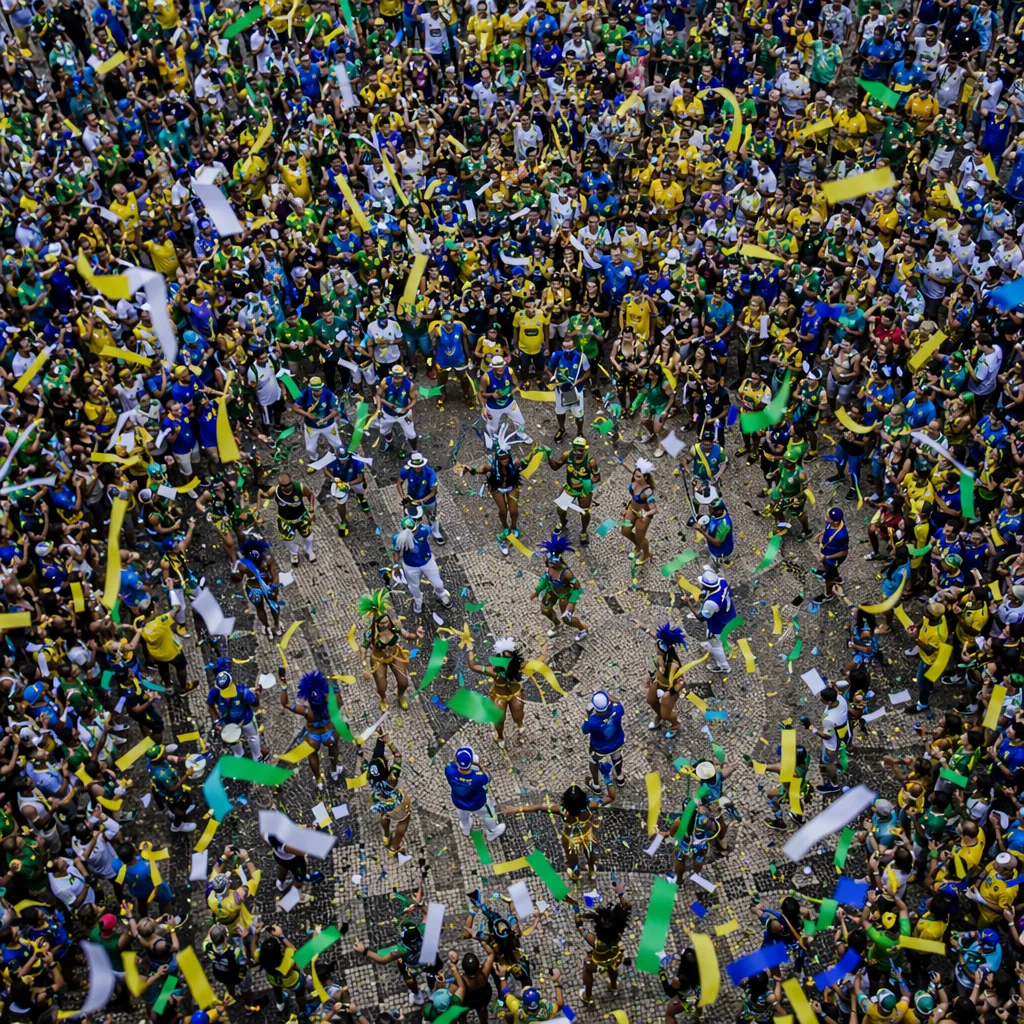 High angle shot of a large group of fans gathered in a city square, colorful str