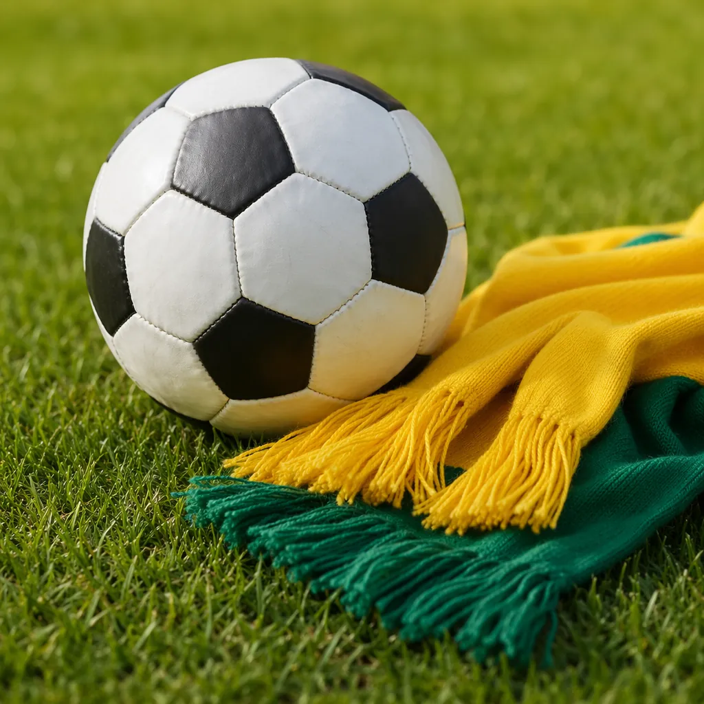 Close up of a soccer ball on a well-maintained grass field, yellow and green fan