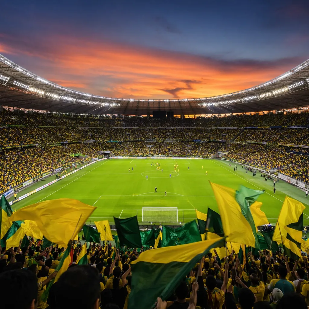 Wide shot of a packed soccer stadium at dusk, fans waving yellow and green flags