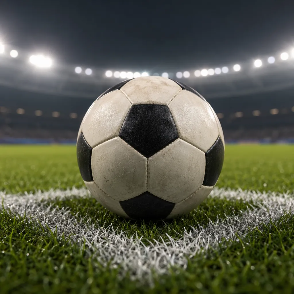 Close up of a traditional football placed on the center mark of a stadium pitch,