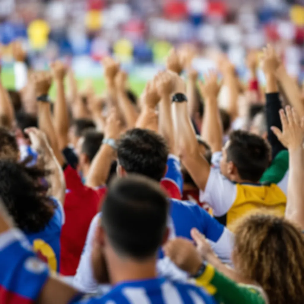 Blurred shot of football fans celebrating with raised hands, wearing mixed natio