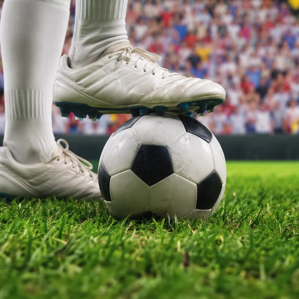 Close up of generic soccer cleats and a soccer ball on green grass, blurred chee
