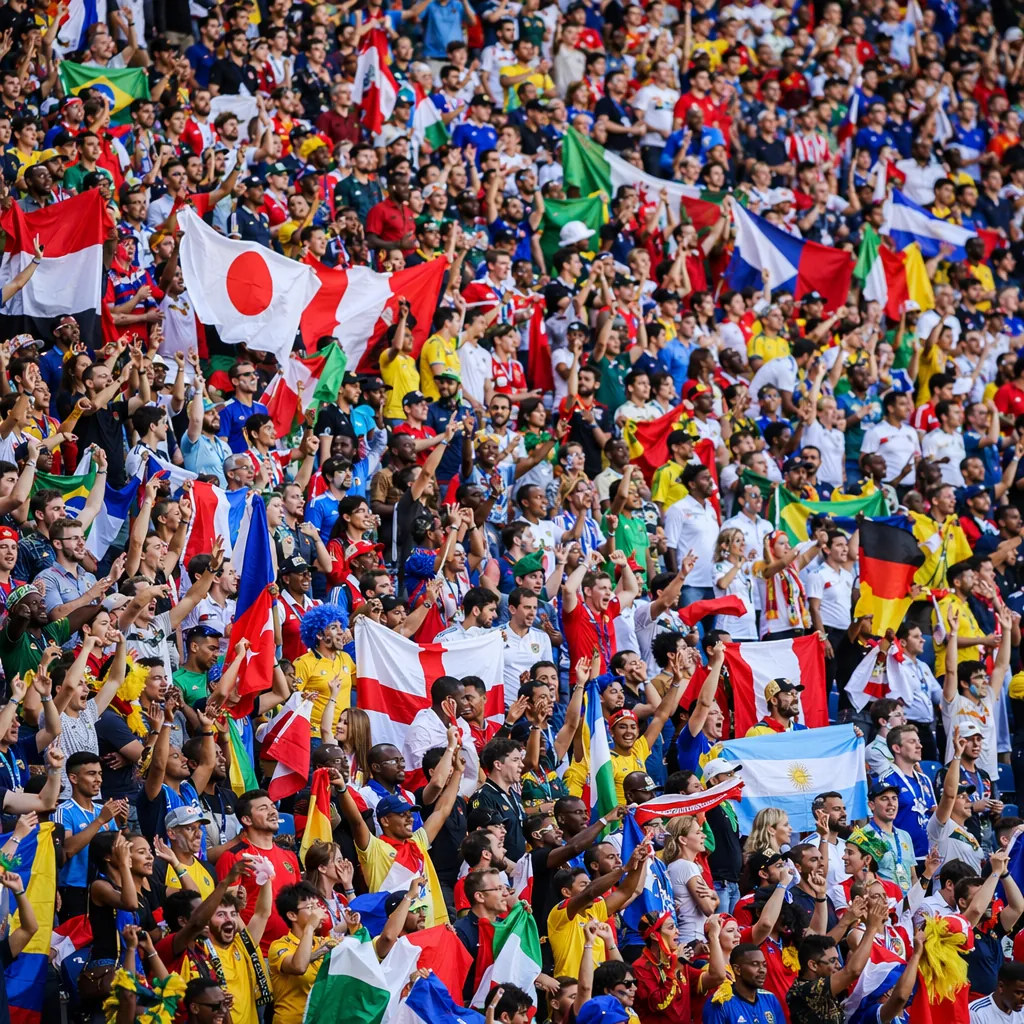 Wide shot of diverse soccer fans waving national flags and cheering in stadium s